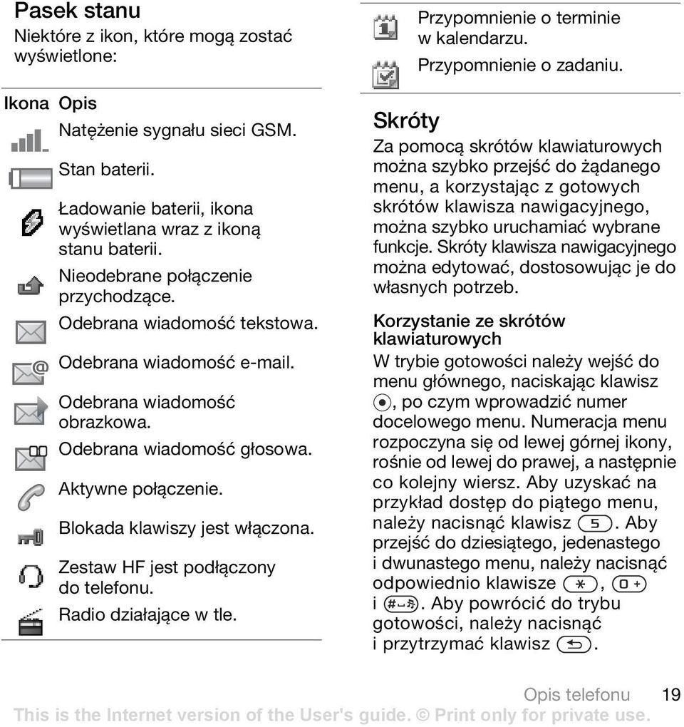 Blokada klawiszy jest włączona. Zestaw HF jest podłączony do telefonu. Radio działające w tle. Przypomnienie o terminie w kalendarzu. Przypomnienie o zadaniu.