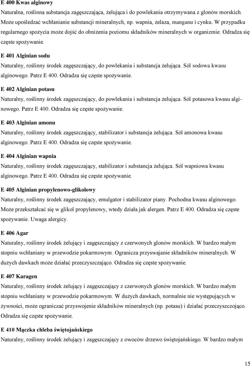 E 401 Alginian sodu Naturalny, roślinny środek zagęszczający, do powlekania i substancja żelująca. Sól sodowa kwasu alginowego. Patrz E 400. Odradza się częste spożywanie.