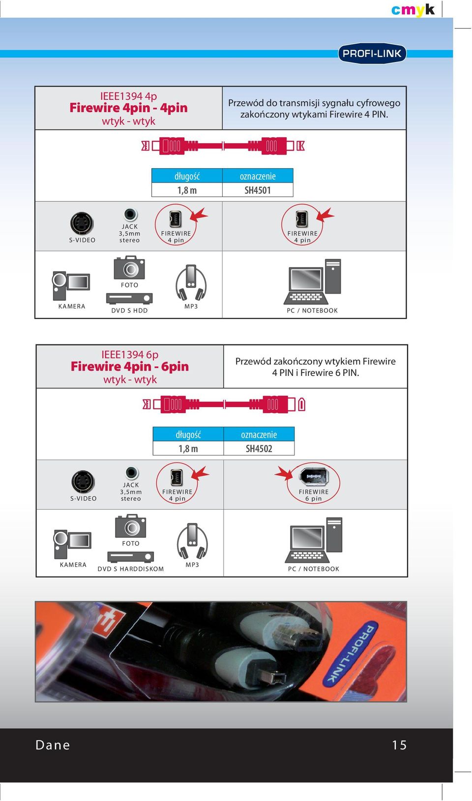 NOTEBOOK IEEE1394 6p Firewire 4pin - 6pin Przewód zakończony wtykiem Firewire 4 PIN i Firewire 6 PIN.