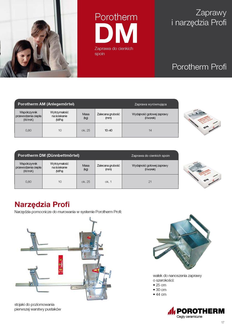 25 10-^0 14 Porotherm DM (Dünnbettmórtel) Zaprawa do cienkich spoin Współczynnik przewodzenia ciepła (W/mK) na ściskanie (kg) Zalecana  25 ok.