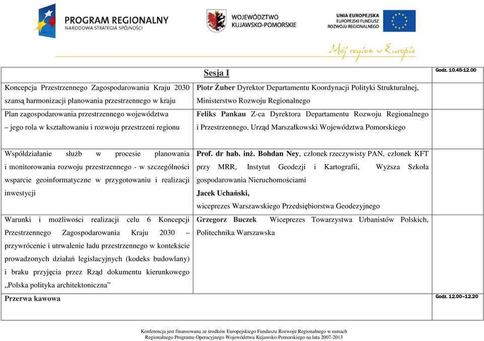 przestrzeni regionu Piotr śuber Dyrektor Departamentu Koordynacji Polityki Strukturalnej, Ministerstwo Rozwoju Regionalnego Feliks Pankau Z-ca Dyrektora Departamentu Rozwoju Regionalnego i