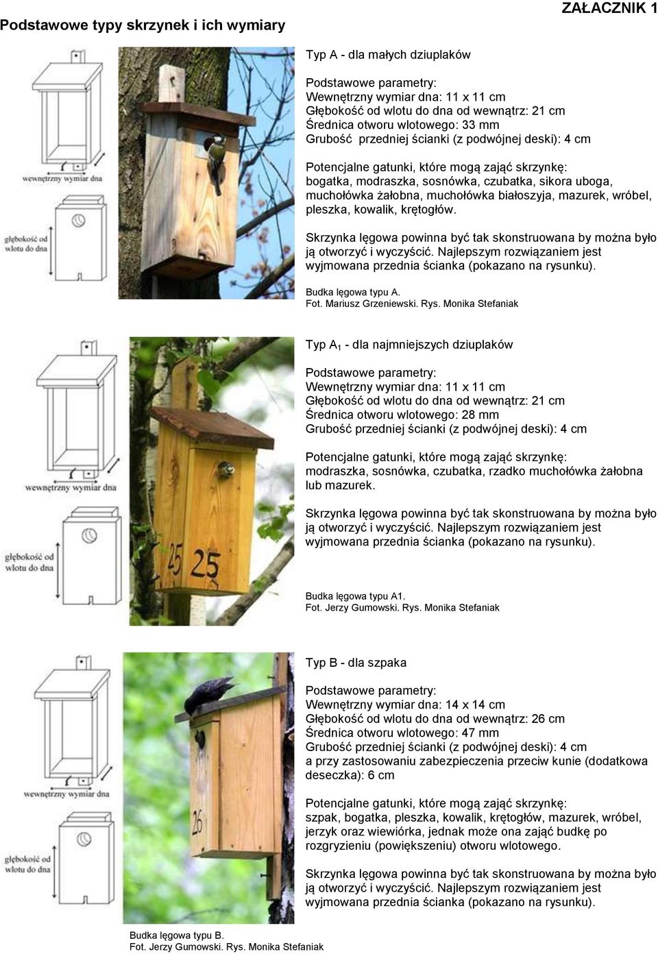 Monika Stefaniak Typ A 1 - dla najmniejszych dziuplaków Wewnętrzny wymiar dna: 11 x 11 cm Głębokość od wlotu do dna od wewnątrz: 21 cm Średnica otworu wlotowego: 28 mm modraszka, sosnówka, czubatka,