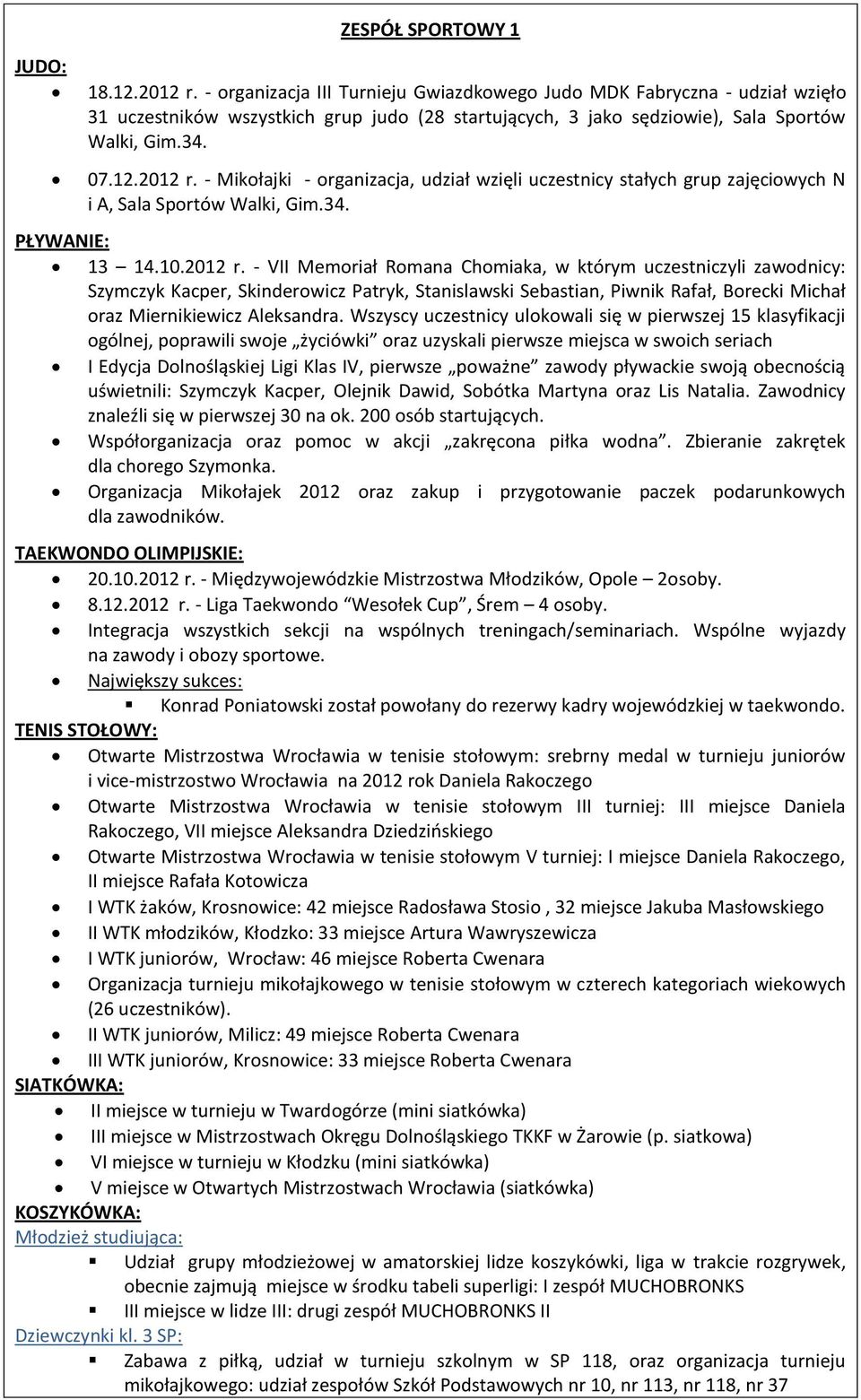 - Mikołajki - organizacja, udział wzięli uczestnicy stałych grup zajęciowych N i A, Sala Sportów Walki, Gim.34. PŁYWANIE: 13 14.10.2012 r.