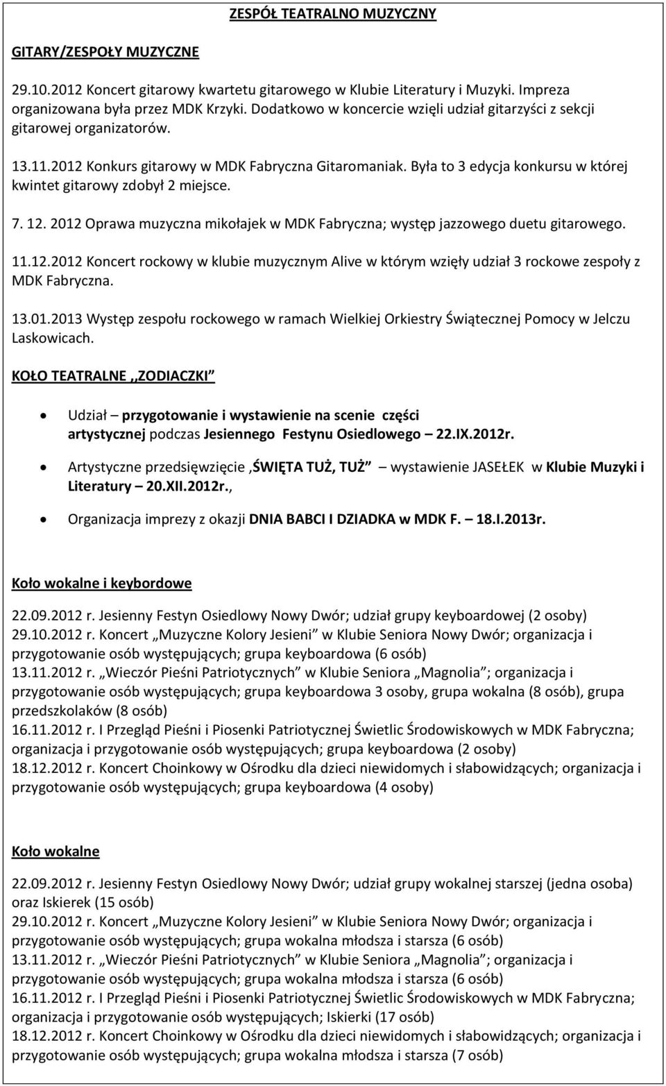 Była to 3 edycja konkursu w której kwintet gitarowy zdobył 2 miejsce. 7. 12. 2012 Oprawa muzyczna mikołajek w MDK Fabryczna; występ jazzowego duetu gitarowego. 11.12.2012 Koncert rockowy w klubie muzycznym Alive w którym wzięły udział 3 rockowe zespoły z MDK Fabryczna.