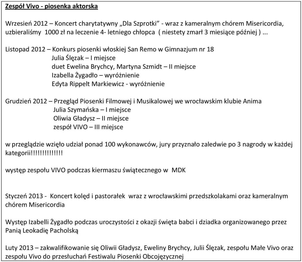 .. Listopad 2012 Konkurs piosenki włoskiej San Remo w Gimnazjum nr 18 Julia Ślęzak I miejsce duet Ewelina Brychcy, Martyna Szmidt II miejsce Izabella Żygadło wyróżnienie Edyta Rippelt Markiewicz -