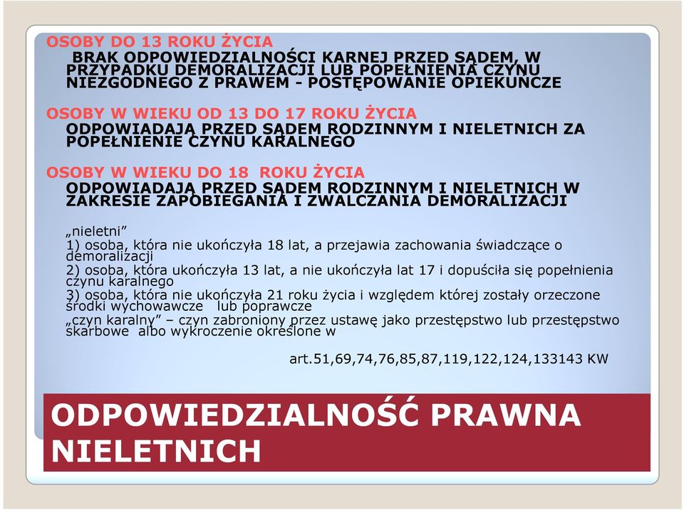 DEMORALIZACJI nieletni 1) osoba, która nie ukończyła 18 lat, a przejawia zachowania świadczące o demoralizacji 2) osoba, która ukończyła 13 lat, a nie ukończyła lat 17 i dopuściła się popełnienia