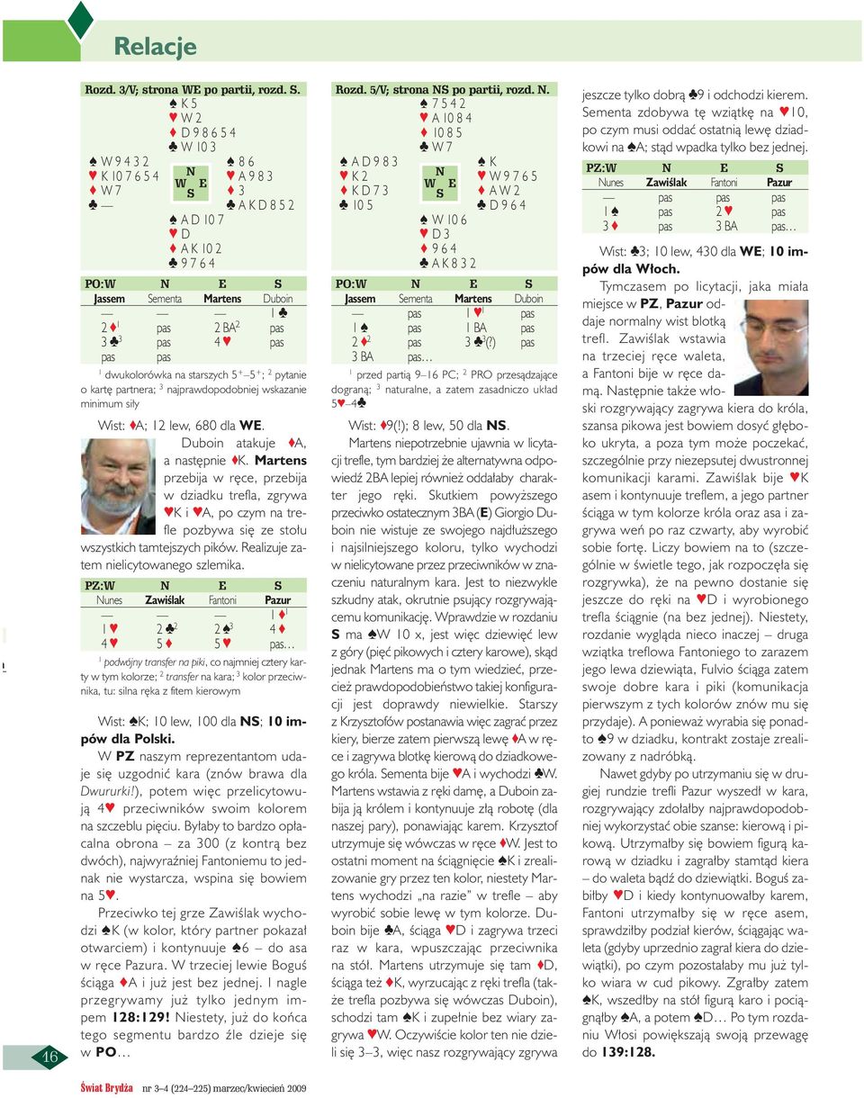 starszych 5 + 5 + ; 2 pytanie o kart partnera; 3 najprawdopodobniej wskazanie minimum si y Wist: A; 2 lew, 680 dla WE. Duboin atakuje A, a nast pnie K.