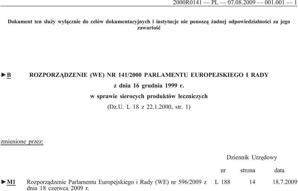 zawartość B ROZPORZĄDZENIE (WE) NR 141/2000 PARLAMENTU EUROPEJSKIEGO I RADY z dnia 16 grudnia 1999 r.