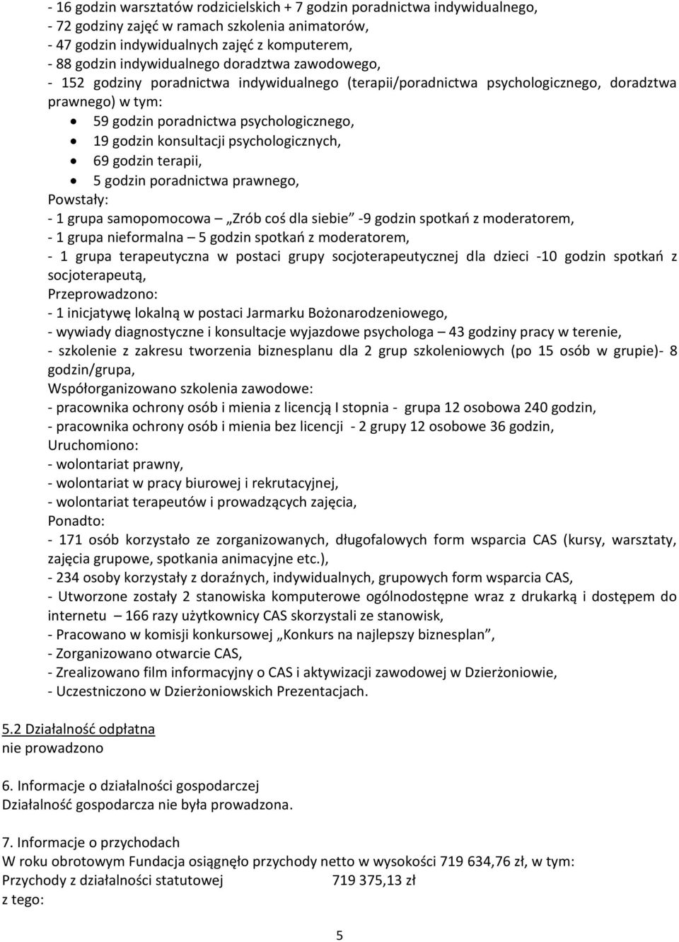 konsultacji psychologicznych, 69 godzin terapii, 5 godzin poradnictwa prawnego, Powstały: - 1 grupa samopomocowa Zrób coś dla siebie -9 godzin spotkań z moderatorem, - 1 grupa nieformalna 5 godzin