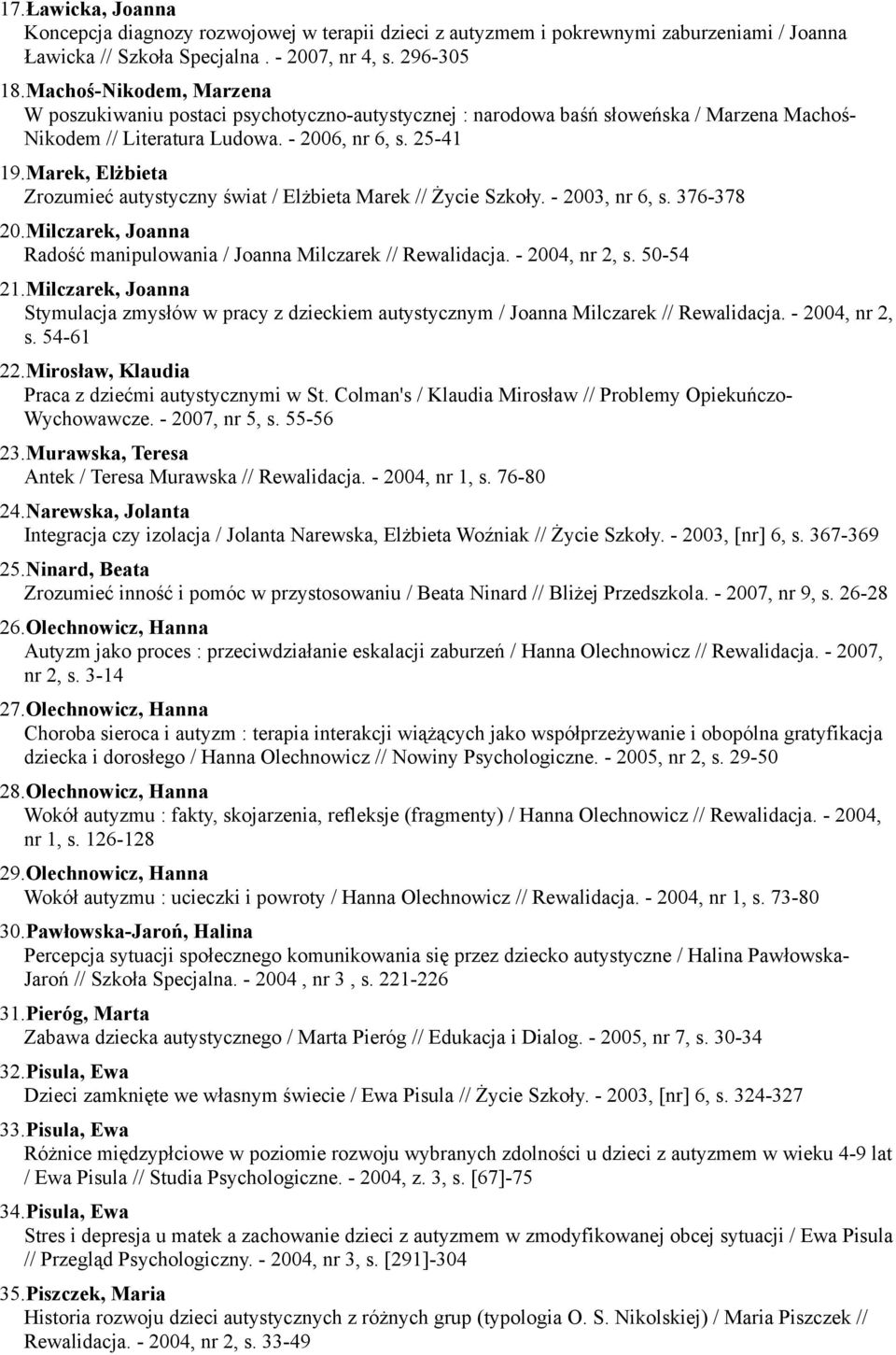 Marek, Elżbieta Zrozumieć autystyczny świat / Elżbieta Marek // Życie Szkoły. - 2003, nr 6, s. 376-378 20.Milczarek, Joanna Radość manipulowania / Joanna Milczarek // Rewalidacja. - 2004, nr 2, s.