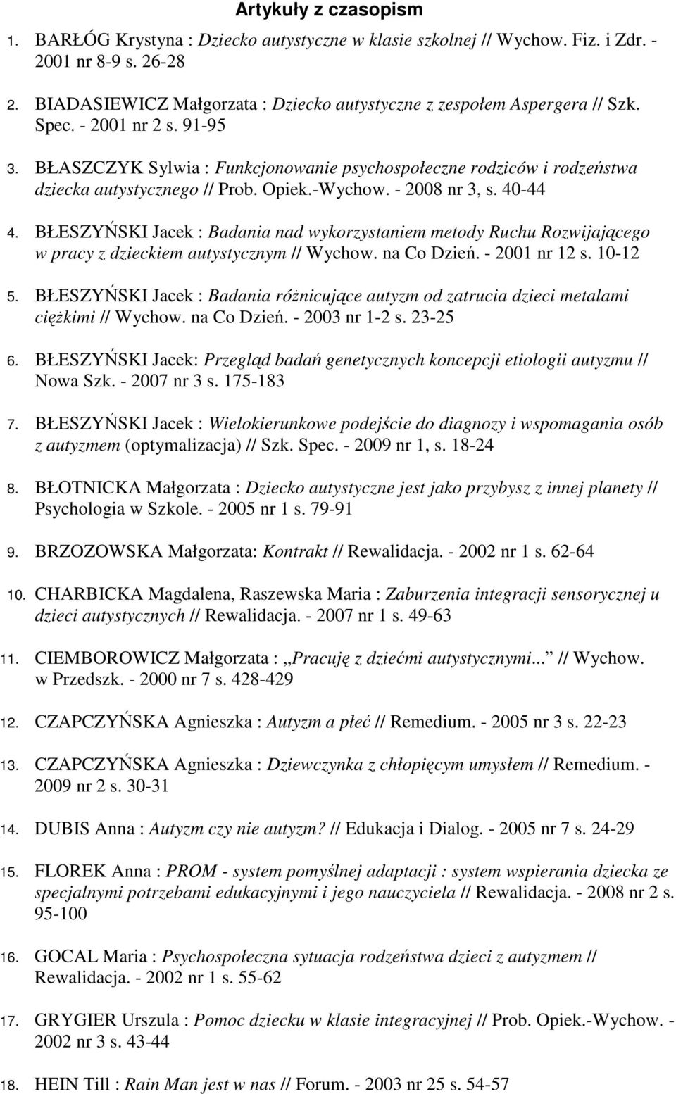 BŁASZCZYK Sylwia : Funkcjonowanie psychospołeczne rodziców i rodzeństwa dziecka autystycznego // Prob. Opiek.-Wychow. - 2008 nr 3, s. 40-44 4.