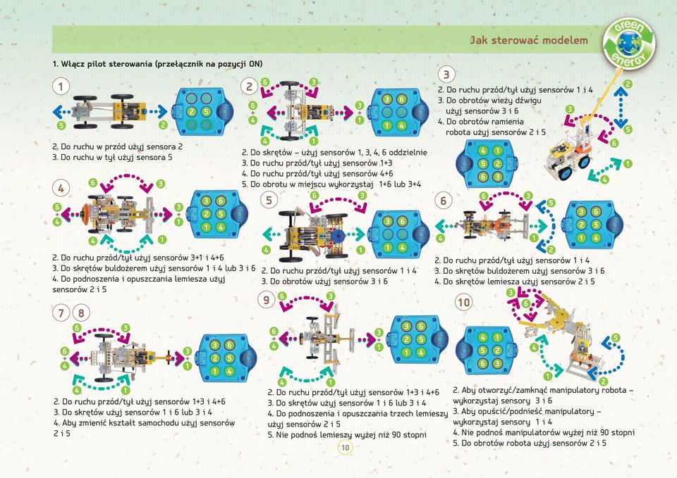 Do skrętów użyj sensorów,,, oddzielnie. Do ruchu przód/tył użyj sensorów. Do ruchu przód/tył użyj sensorów. Do obrotu w miejscu wykorzystaj lub. Do ruchu przód/tył użyj sensorów i.