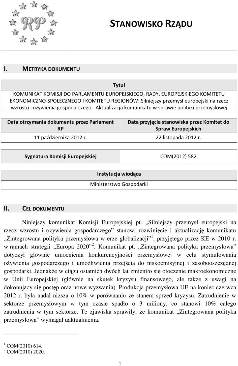 ożywienia gospodarczego - Aktualizacja komunikatu w sprawie polityki przemysłowej Data otrzymania dokumentu przez Parlament RP Data przyjęcia stanowiska przez Komitet do Spraw Europejskich 11