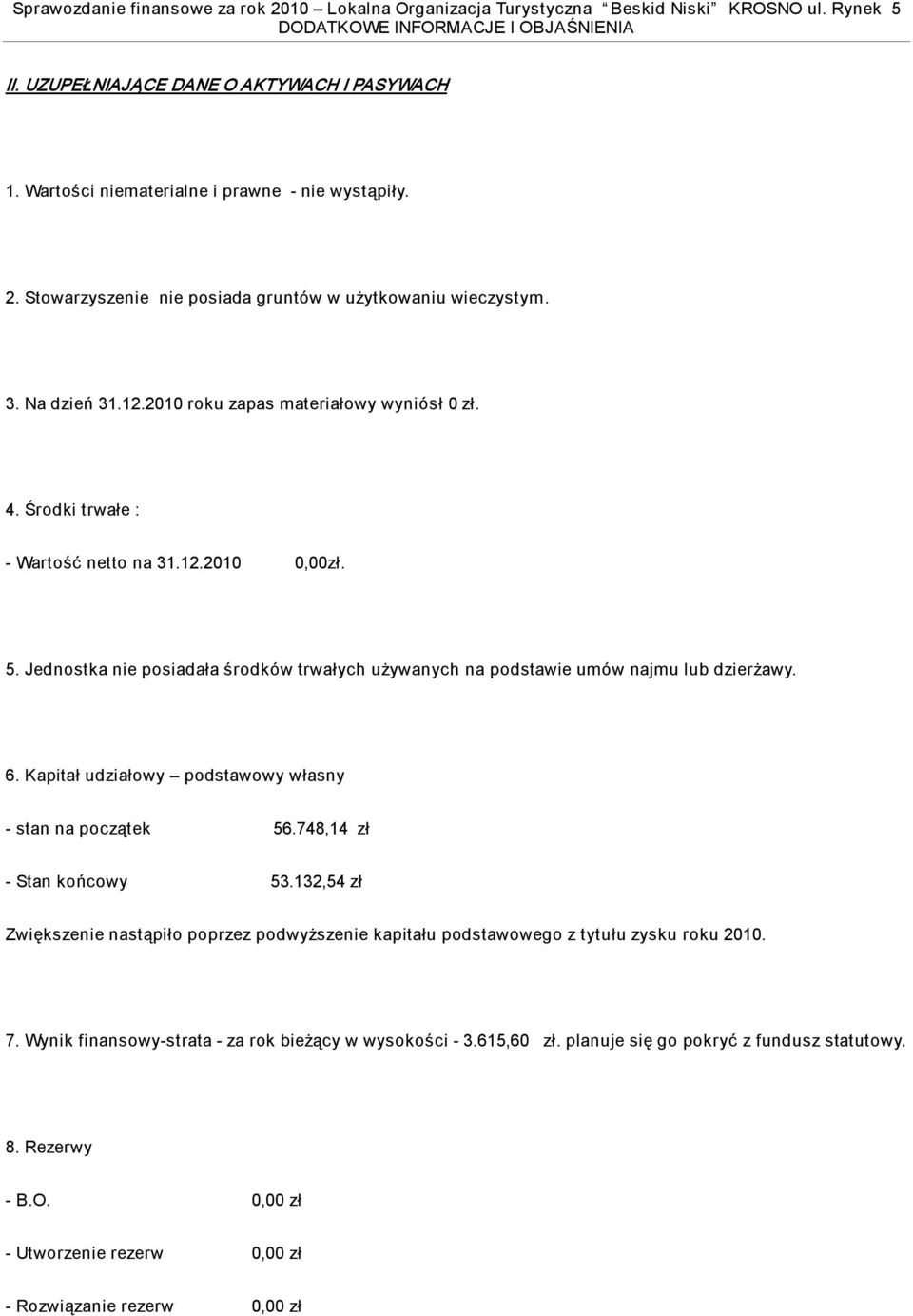 Jednostka nie posiadała środków trwałych używanych na podstawie umów najmu lub dzierżawy. 6. Kapitał udziałowy podstawowy własny stan na początek 56.748,14 zł Stan końcowy 53.