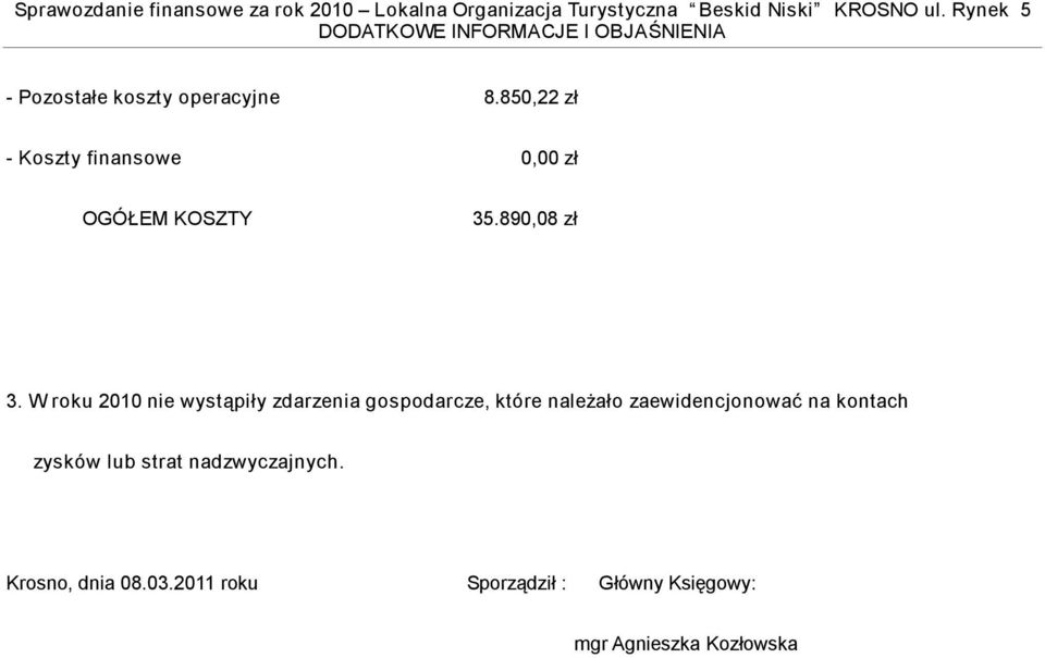 W roku 2010 nie wystąpiły zdarzenia gospodarcze, które należało