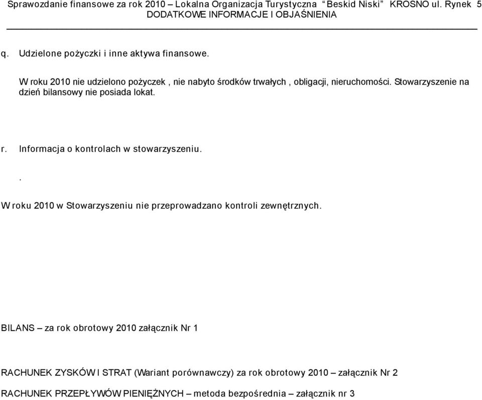 Stowarzyszenie na dzień bilansowy nie posiada lokat. r. Informacja o kontrolach w stowarzyszeniu.