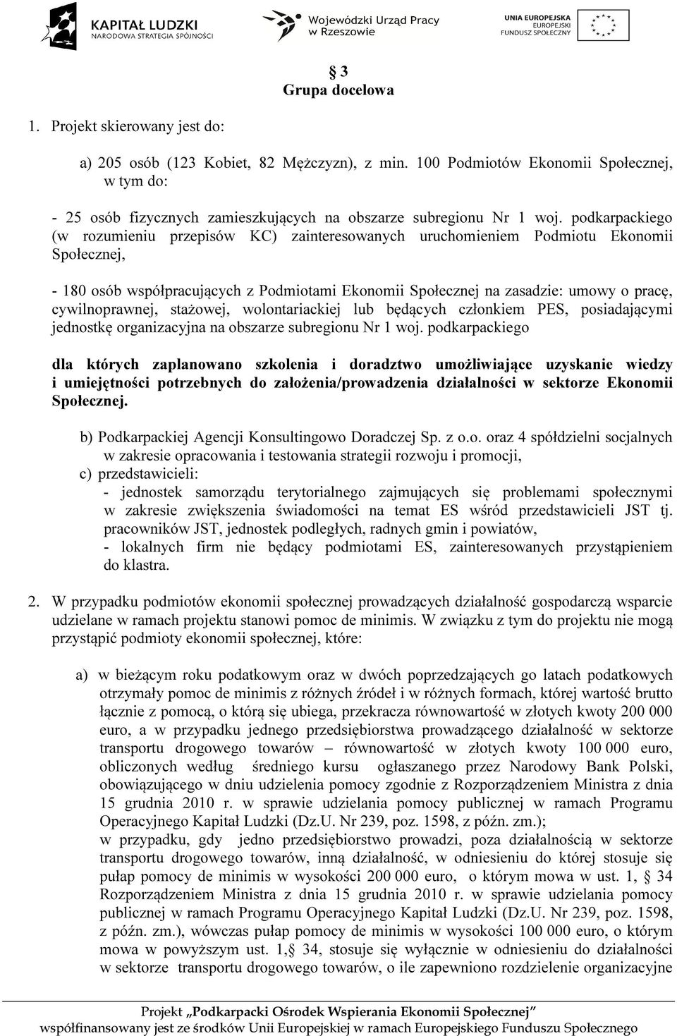 podkarpackiego (w rozumieniu przepisów KC) zainteresowanych uruchomieniem Podmiotu Ekonomii Społecznej, - 180 osób współpracujących z Podmiotami Ekonomii Społecznej na zasadzie: umowy o pracę,