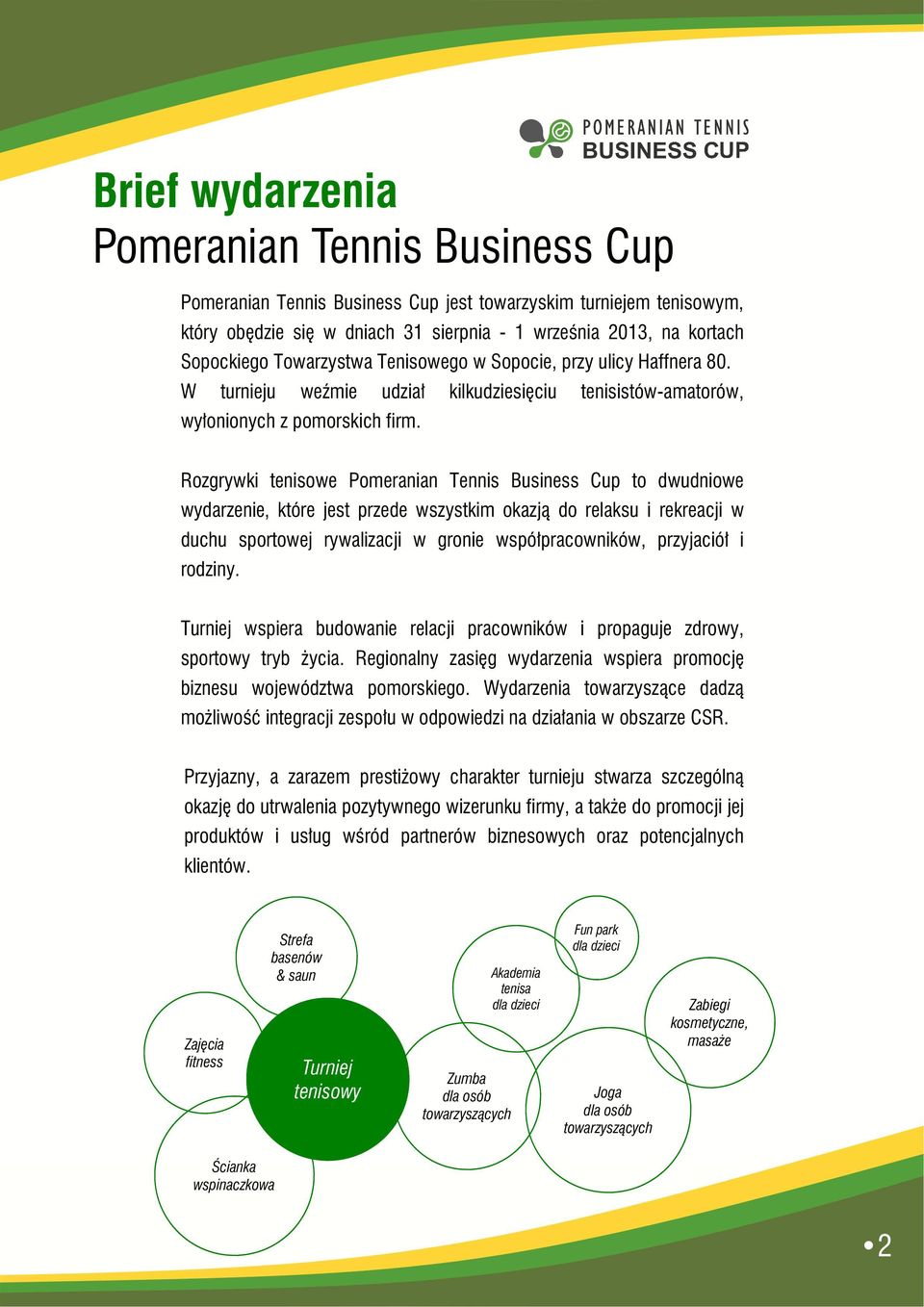 Rozgrywki tenisowe Pomeranian Tennis Business Cup to dwudniowe wydarzenie, które jest przede wszystkim okazją do relaksu i rekreacji w duchu sportowej rywalizacji w gronie współpracowników,