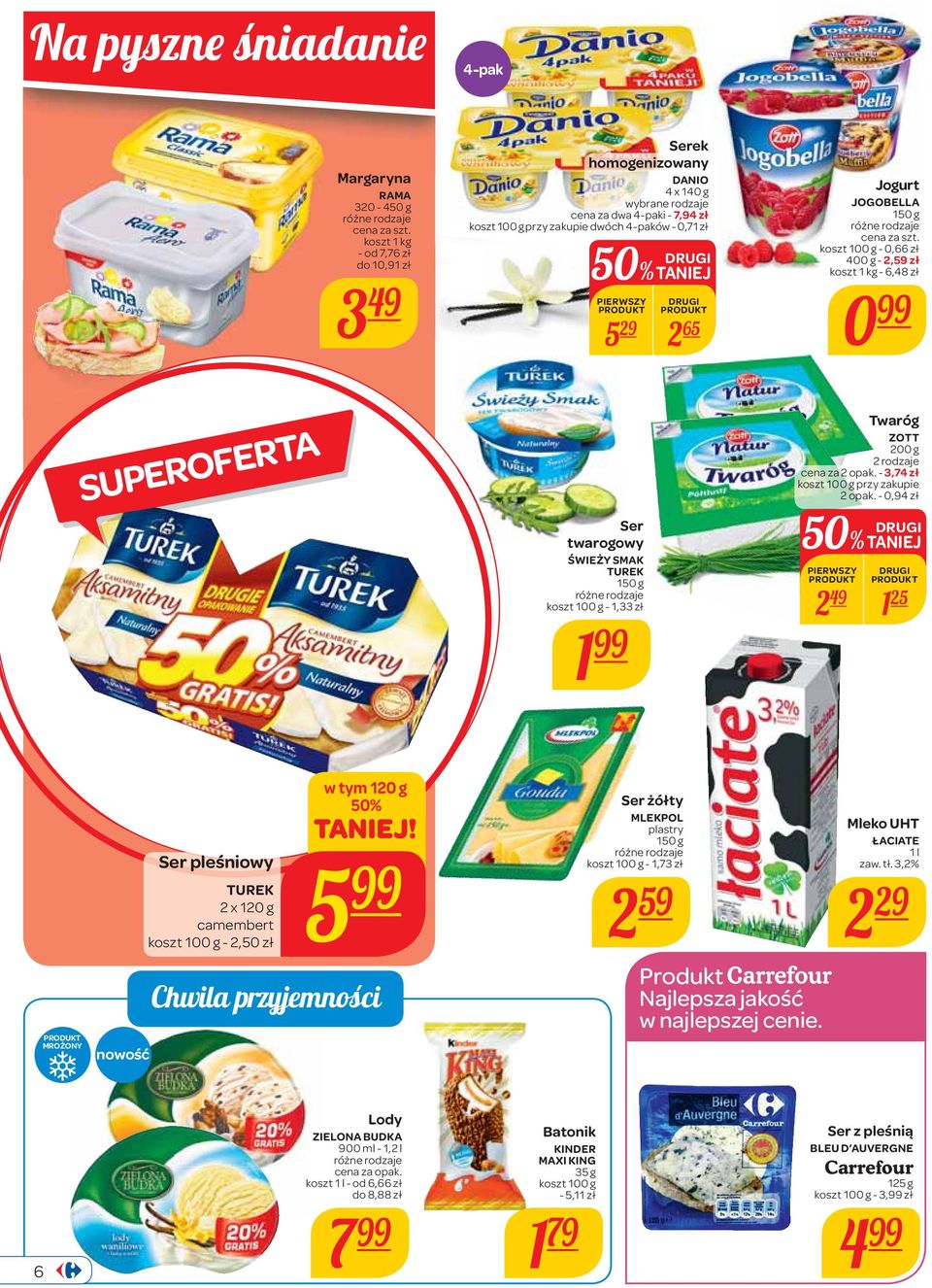 - 3,74 zł przy zakupie 2 opak. - 0,94 zł 50% TANIEJ PIERWSZY 2 49 1 25 MROŻONY nowość Ser pleśniowy TUREK 2 x 120 g camembert - 2,50 zł w tym 120 g 50% TANIEJ!