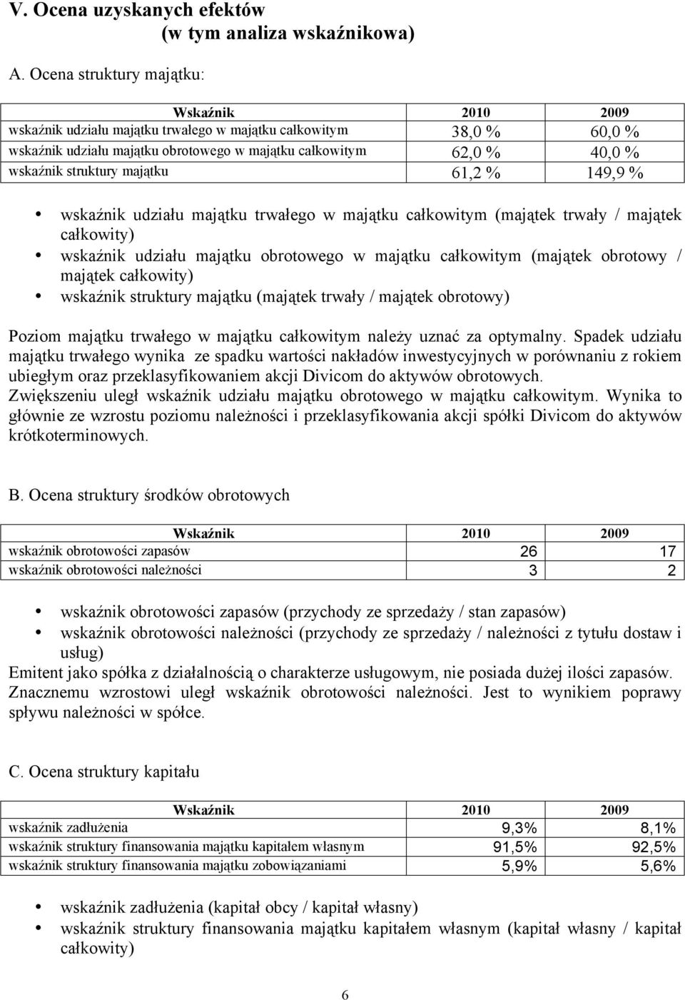 struktury majątku 61,2 % 149,9 % wskaźnik udziału majątku trwałego w majątku całkowitym (majątek trwały / majątek całkowity) wskaźnik udziału majątku obrotowego w majątku całkowitym (majątek obrotowy