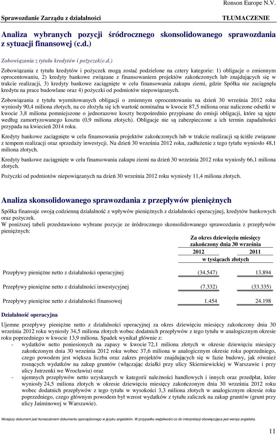 z działalności Analiza wybranych pozycji śródrocznego skonsolidowanego sprawozdania z sytuacji finansowej (c.d.) Zobowiązania z tytułu kredytów i pożyczek(c.d.) Zobowiązania z tytułu kredytów i