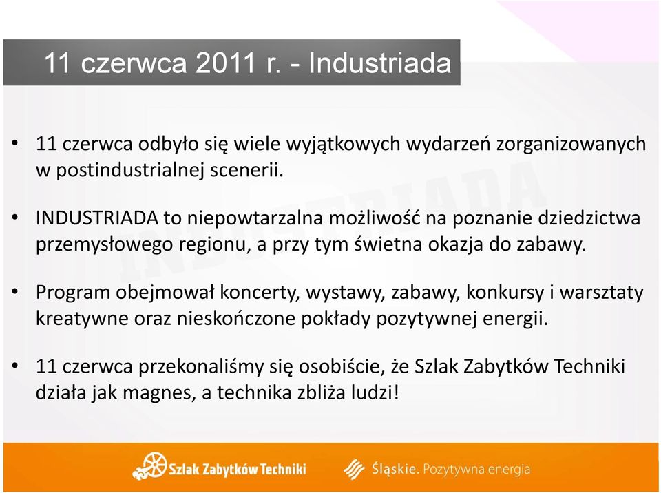 Program obejmował koncerty, wystawy, zabawy, konkursy i warsztaty kreatywne oraz nieskończone pokłady pozytywnej energii.