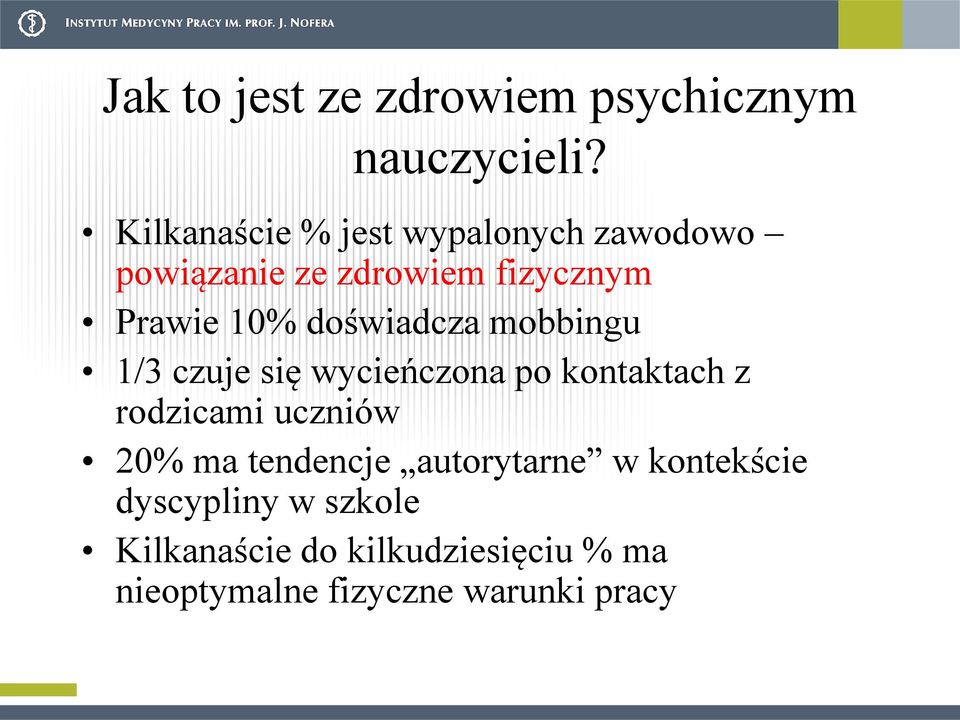 doświadcza mobbingu 1/3 czuje się wycieńczona po kontaktach z rodzicami uczniów 20% ma