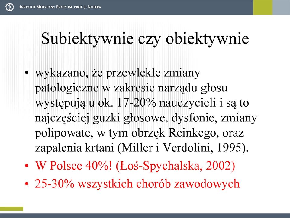 17-20% nauczycieli i są to najczęściej guzki głosowe, dysfonie, zmiany polipowate, w