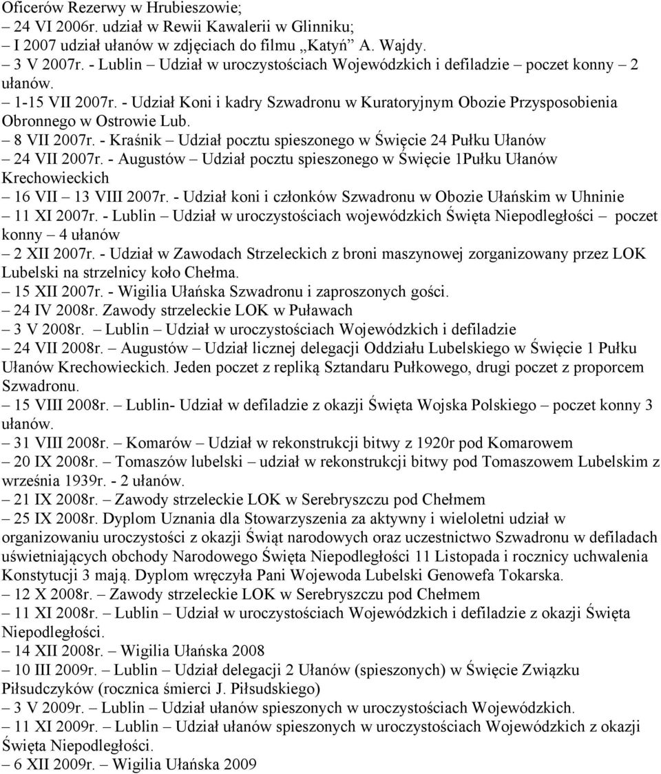 8 VII 2007r. - Kraśnik Udział pocztu spieszonego w Święcie 24 Pułku Ułanów 24 VII 2007r. - Augustów Udział pocztu spieszonego w Święcie 1Pułku Ułanów Krechowieckich 16 VII 13 VIII 2007r.