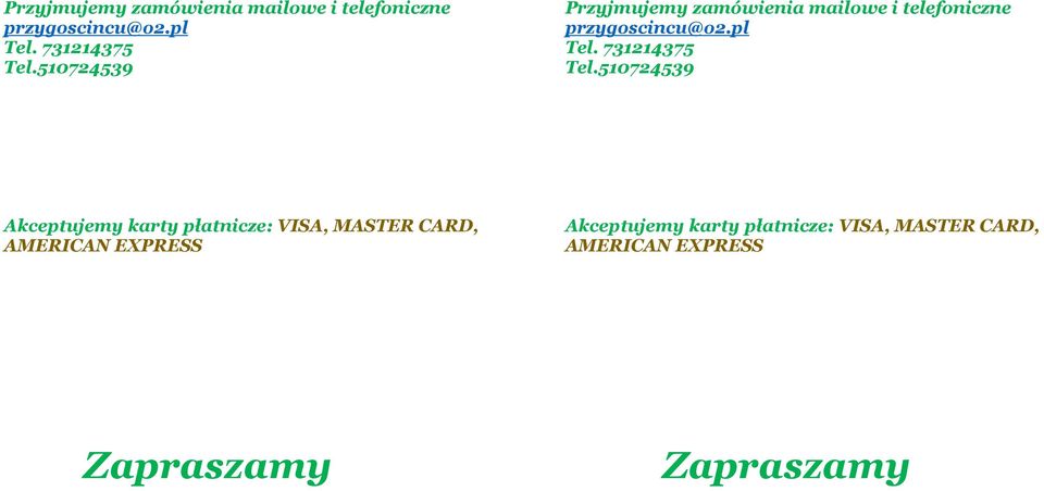 Akceptujemy karty płatnicze: VISA, MASTER CARD, AMERICAN EXPRESS Zapraszamy