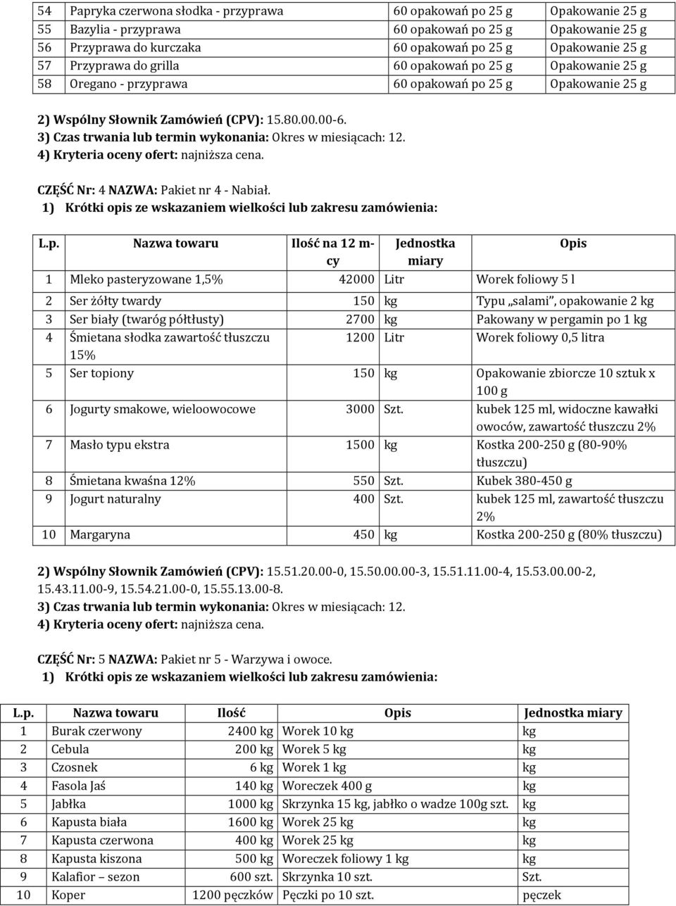 CZĘŚĆ Nr: 4 NAZWA: Pakiet nr 4 - Nabiał. L.p.