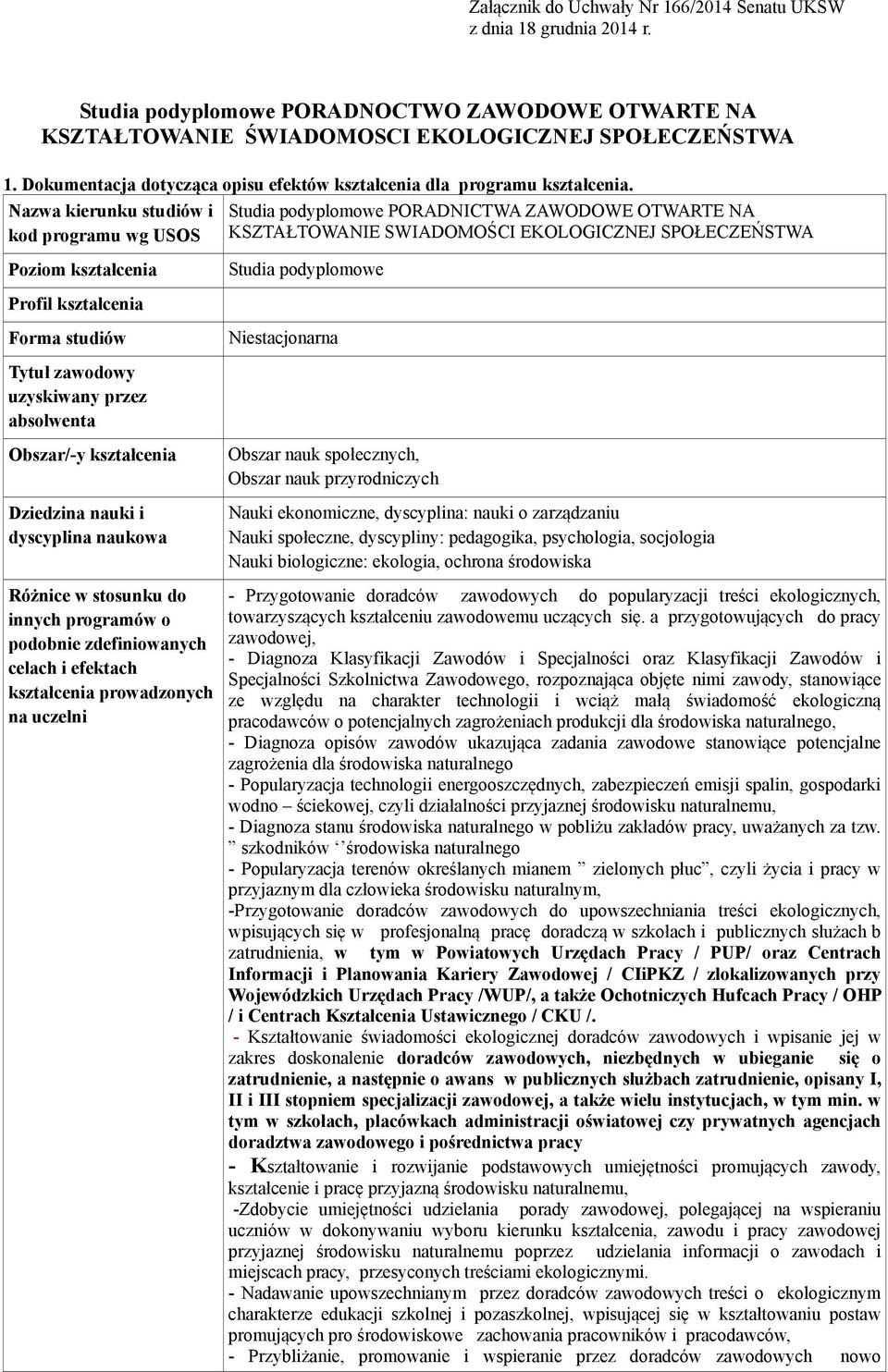 Nazwa kierunku studiów i kod programu wg USOS Studia podyplomowe PORADNICTWA ZAWODOWE OTWARTE NA KSZTAŁTOWANIE SWIADOMOŚCI EKOLOGICZNEJ SPOŁECZEŃSTWA Poziom kształcenia Studia podyplomowe Profil