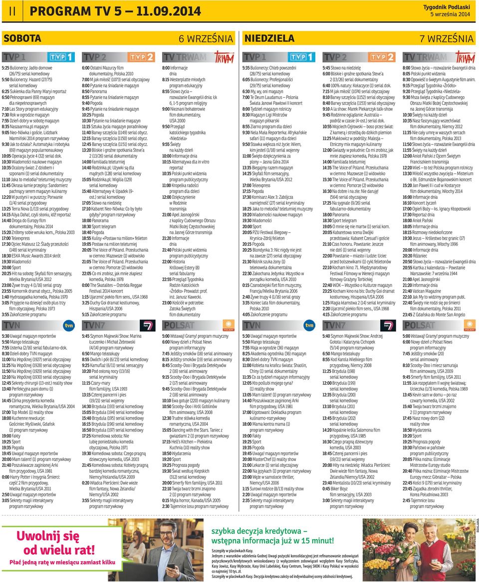 Sukienka dla Panny Maryi reportaż 6:50 Pełnosprawni (69) magazyn dla niepełnosprawnych 7:10 Las Story program edukacyjny 7:30 Rok w ogrodzie magazyn 7:55 Dzień dobry w sobotę magazyn 8:35 Naszaarmia.