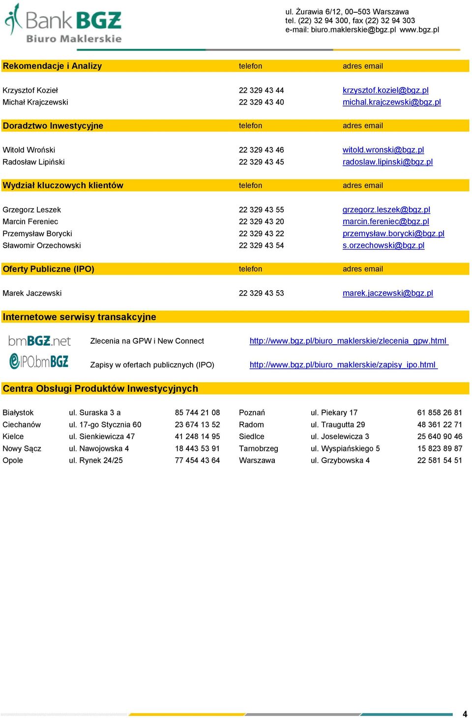 pl Radosław Lipiński 22 329 43 45 radoslaw.lipinski@bgz.pl Wydział kluczowych klientów telefon adres email Grzegorz Leszek 22 329 43 55 grzegorz.leszek@bgz.pl Marcin Fereniec 22 329 43 20 marcin.