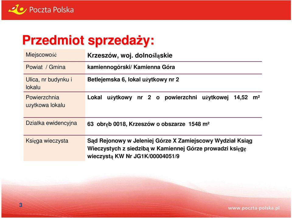 Betlejemska 6, lokal użytkowy nr 2 Lokal użytkowy nr 2 o powierzchni użytkowej 14,52 m² Działka ewidencyjna 63 obręb