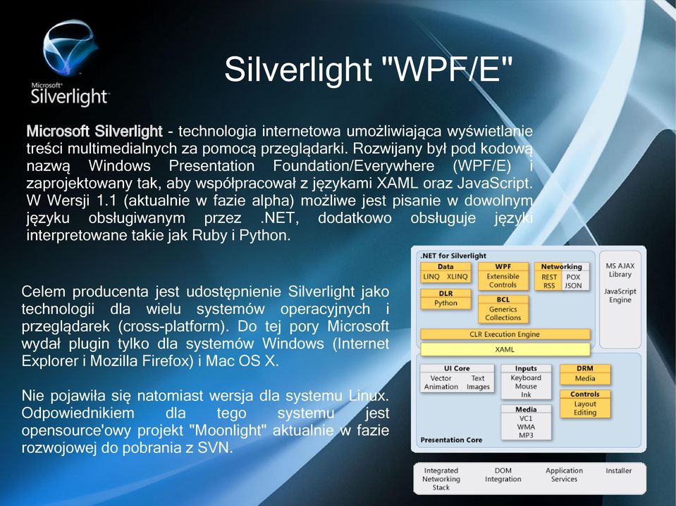 1 (aktualnie w fazie alpha) możliwe jest pisanie w dowolnym języku obsługiwanym przez.net, dodatkowo obsługuje języki interpretowane takie jak Ruby i Python.