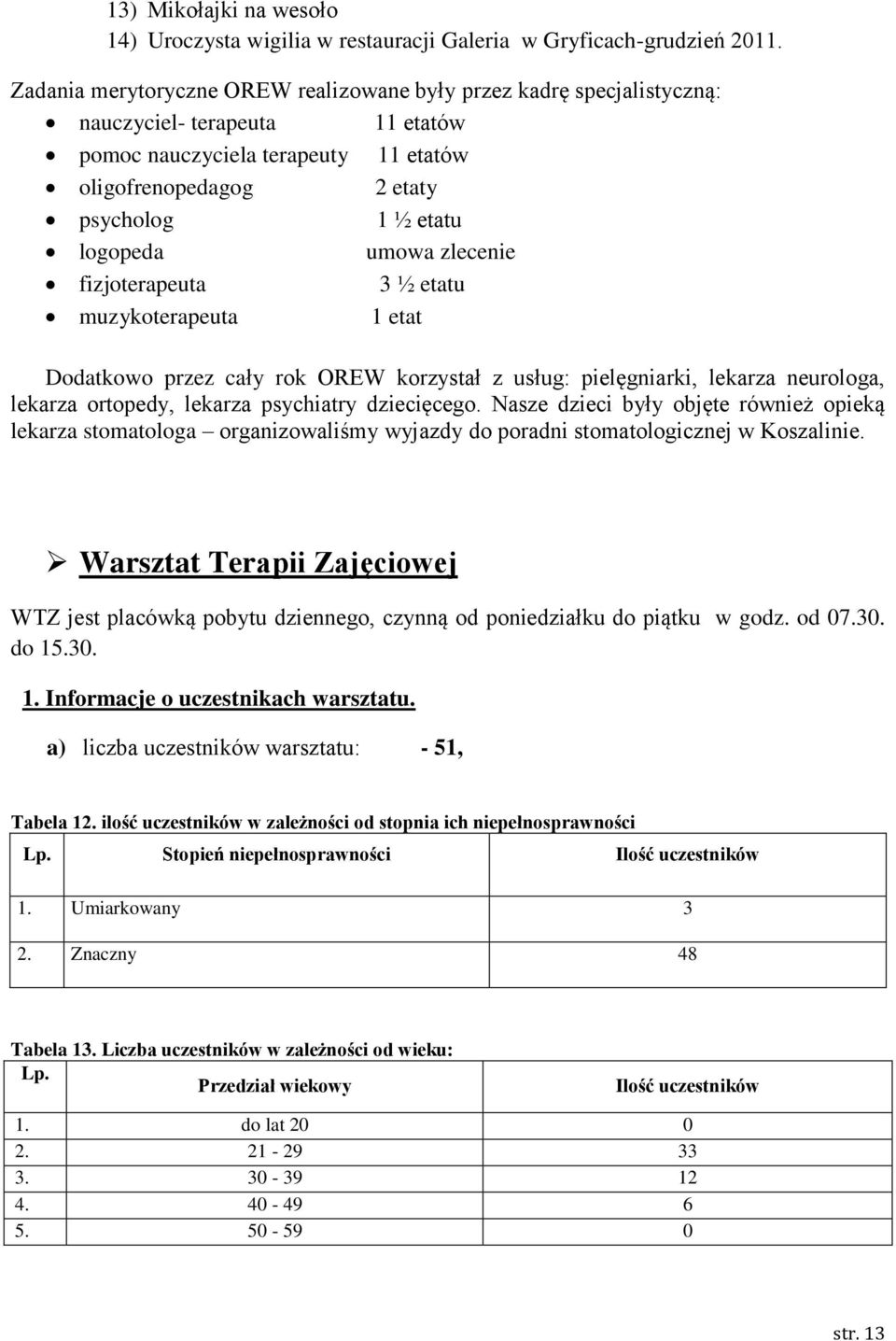 umowa zlecenie fizjoterapeuta 3 ½ etatu muzykoterapeuta 1 etat Dodatkowo przez cały rok OREW korzystał z usług: pielęgniarki, lekarza neurologa, lekarza ortopedy, lekarza psychiatry dziecięcego.