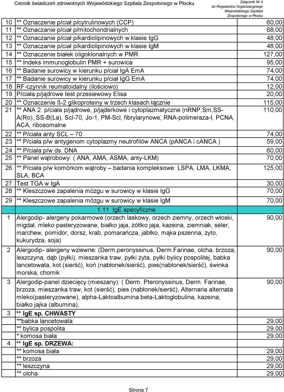 IgA EmA 74,00 17 ** Badanie surowicy w kierunku p/ciał IgG EmA 74,00 18 RF-czynnik reumatoidalny (ilościowo) 12,00 19 P/ciała p/jądrowe test przesiewowy Elisa 20,00 20 ** Oznaczenie ß-2 glikoproteiny