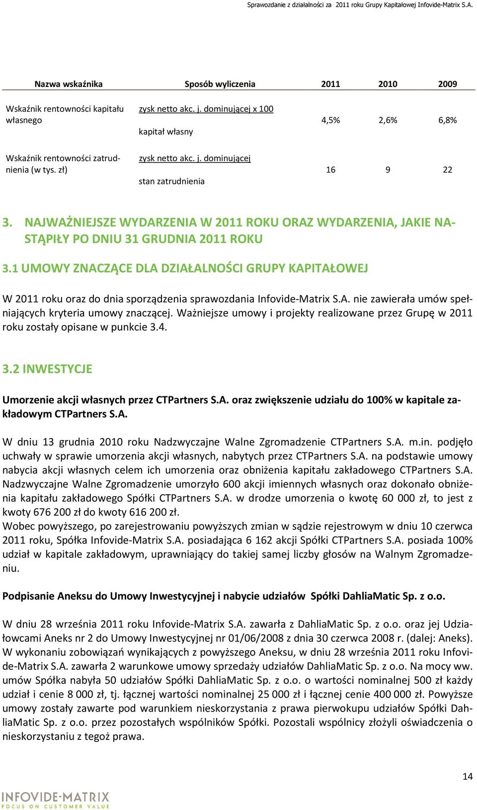 1 UMOWY ZNACZĄCE DLA DZIAŁALNOŚCI GRUPY KAPITAŁOWEJ W 2011 roku oraz do dnia sporządzenia sprawozdania Infovide-Matrix S.A. nie zawierała umów spełniających kryteria umowy znaczącej.