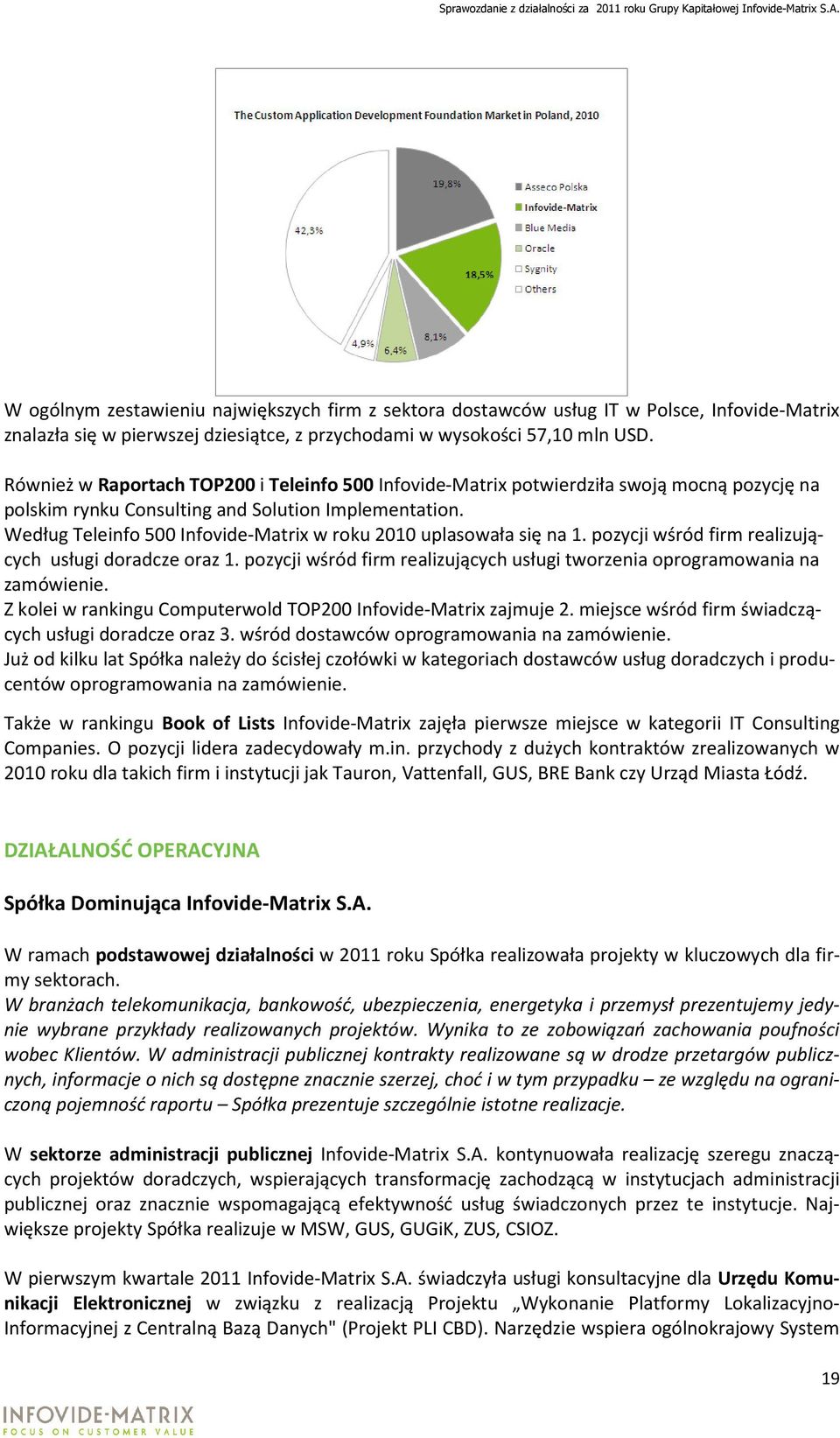 Według Teleinfo 500 Infovide-Matrix w roku 2010 uplasowała się na 1. pozycji wśród firm realizujących usługi doradcze oraz 1.