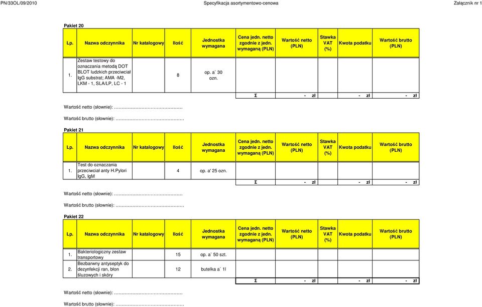 Nazwa odczynnika Nr katalogowy Ilość Cena jedn. netto zgodnie z jedn. wymaganą Kwota podatku 1. Test do oznaczania przeciwciał anty H.Pylori IgG, IgM 4 op. a' 25 ozn.