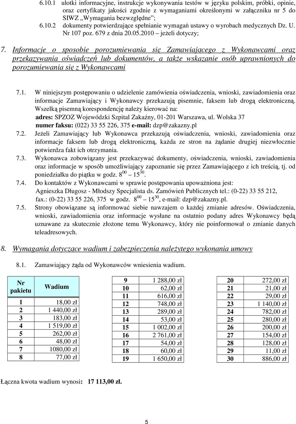 Informacje o sposobie porozumiewania się Zamawiającego z Wykonawcami oraz przekazywania oświadczeń lub dokumentów, a takŝe wskazanie osób uprawnionych do porozumiewania się z Wykonawcami 7.1.