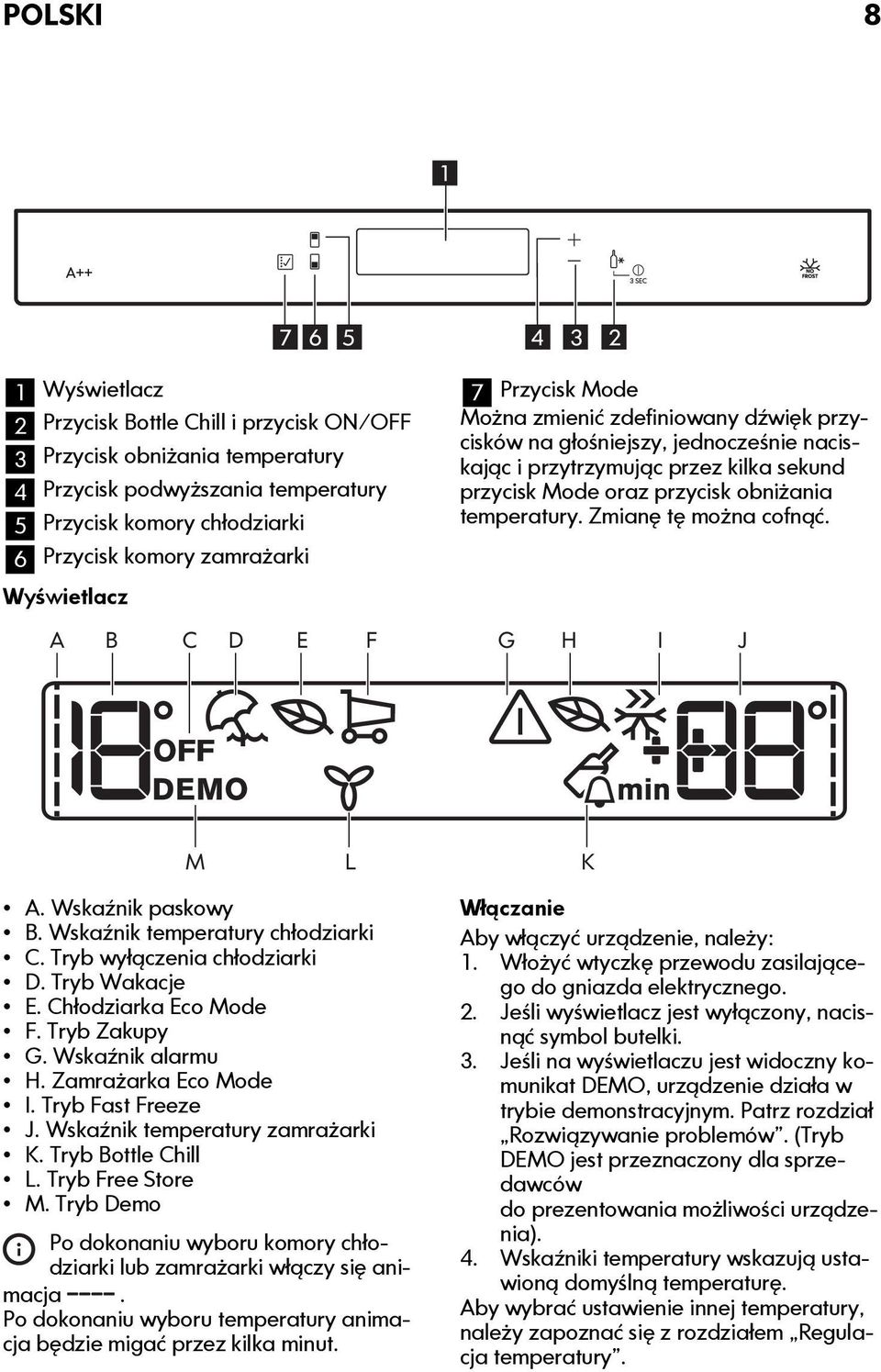 obniżania temperatury. Zmianę tę można cofnąć. C D E F G H I J M L K A. Wskaźnik paskowy B. Wskaźnik temperatury chłodziarki C. Tryb wyłączenia chłodziarki D. Tryb Wakacje E. Chłodziarka Eco Mode F.