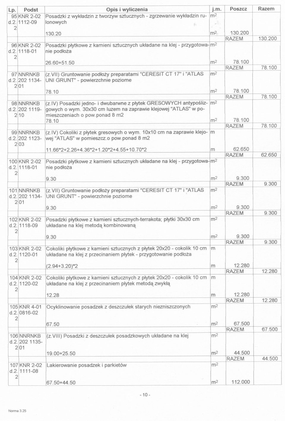 vii) Gruntowanie podlozy preparatami "CERESIT CT 7" j "ATLAS m d.. 0 3- UNI GRUNT' - powierzchnie poziome 0 78.0 m 78.00 RAZEM 78.00 98 NNRNKB (z.