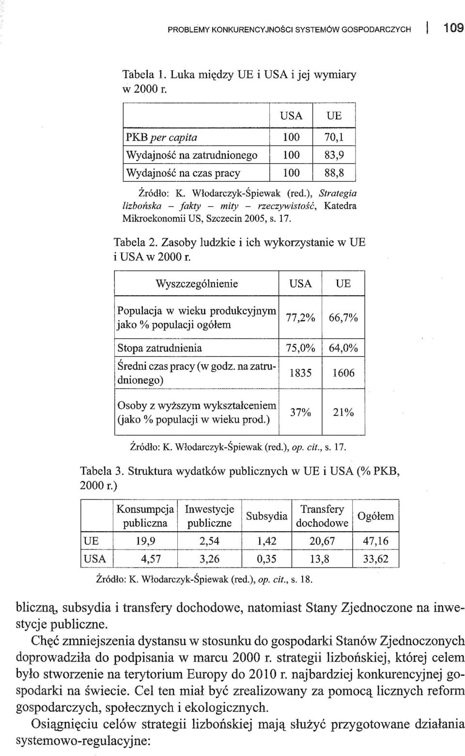 ), Strategia lizbońska - fakty - mity - rzeczywistość, Katedra Mikroekonomii US, Szczecin 2005, s. 17. Tabela 2. Zasoby ludzkie i ich wykorzystanie w UE i USA w 2000 r.