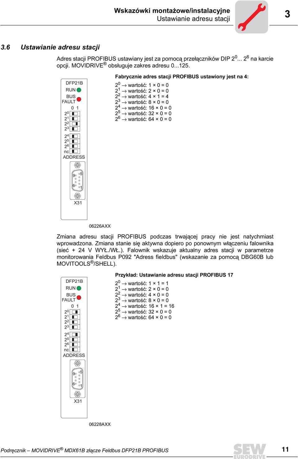 DFP21B RUN BUS FAULT 1 2 21 22 23 4 2 25 26 nc ADDRESS Fabrycznie adres stacji PROFBUS ustawiony jest na 4: 2 wartość: 1 = 2 1 wartość: 2 = 2 2 wartość: 4 1 = 4 2 3 wartość: 8 = 2 4 wartość: 16 = 2 5