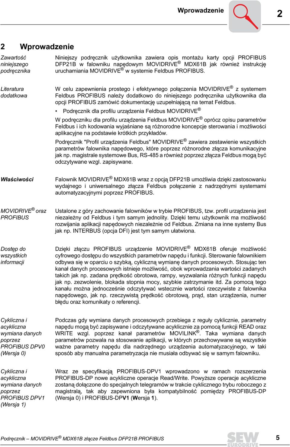 Literatura dodatkowa W celu zapewnienia prostego i efektywnego połączenia MOVDRVE z systemem Feldbus PROFBUS należy dodatkowo do niniejszego podręcznika użytkownika dla opcji PROFBUS zamówić