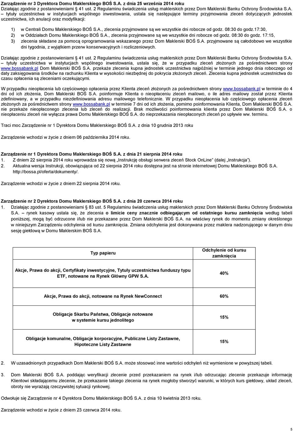 tytuły uczestnictwa w instytucjach wspólnego inwestowania, ustala się następujące terminy przyjmowania zleceń dotyczących jednostek uczestnictwa, ich anulacji oraz modyfikacji: 1) w Centrali Domu