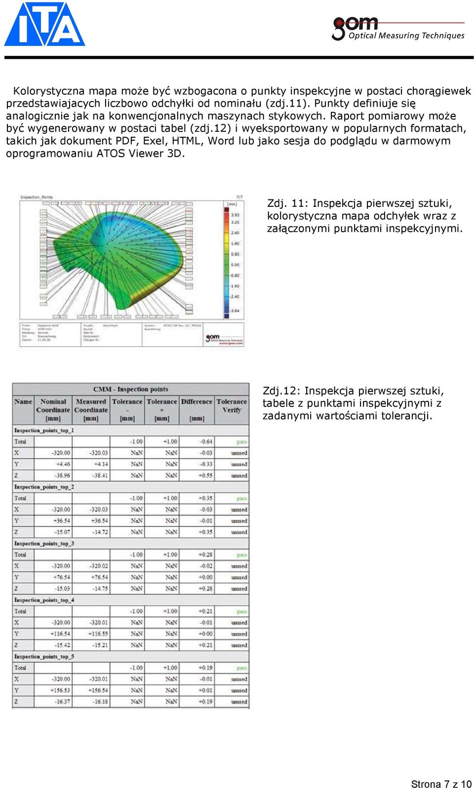 12) i wyeksportowany w popularnych formatach, takich jak dokument PDF, Exel, HTML, Word lub jako sesja do podglądu w darmowym oprogramowaniu ATOS Viewer 3D. Zdj.