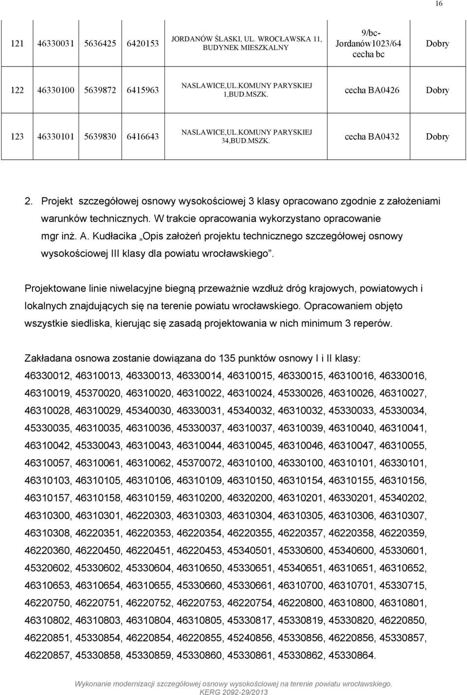 Projekt szczegółowej osnowy wysokościowej 3 klasy opracowano zgodnie z założeniami warunków technicznych. W trakcie opracowania wykorzystano opracowanie mgr inż. A.